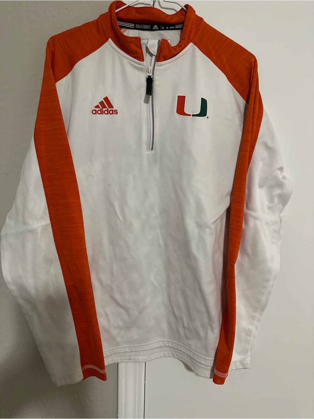 Adidas U of Miami White & Orange 1/4 Zip Pullover Sz M